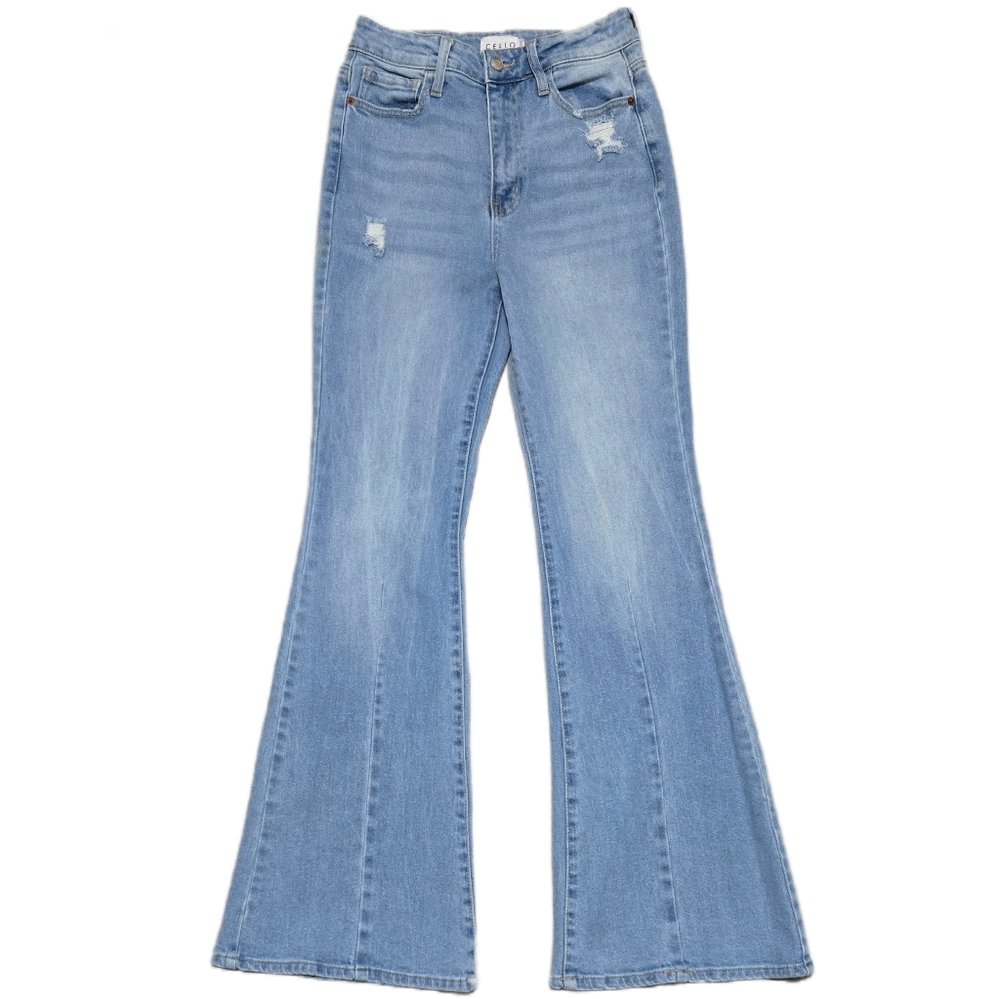 Cello High Rise Super Flare Jeans Shadow Pocket Distressed Light Wash Size 5